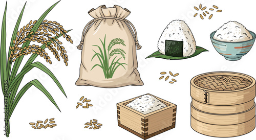 Rice food and agriculture illustration set with paddy plant sack grains sushi bowl and bamboo steamer for organic farming and cuisine design