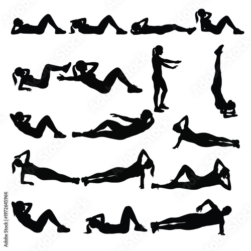 Large set of various female fitness poses for abdominal workouts, vector silhouettes.