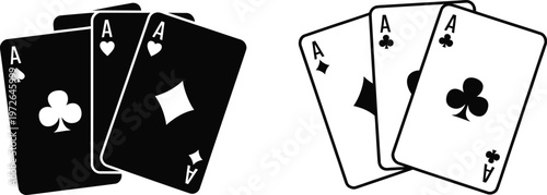 Card, playing icon set with four suits symbols, gambling game concept, black outline design, clean minimal vector illustration.