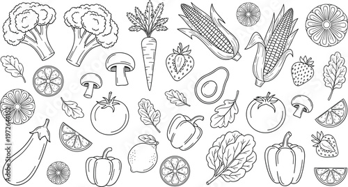 Hand drawn vegetables and fruits line art collection with tomato corn broccoli eggplant citrus and leafy greens for healthy food illustration
