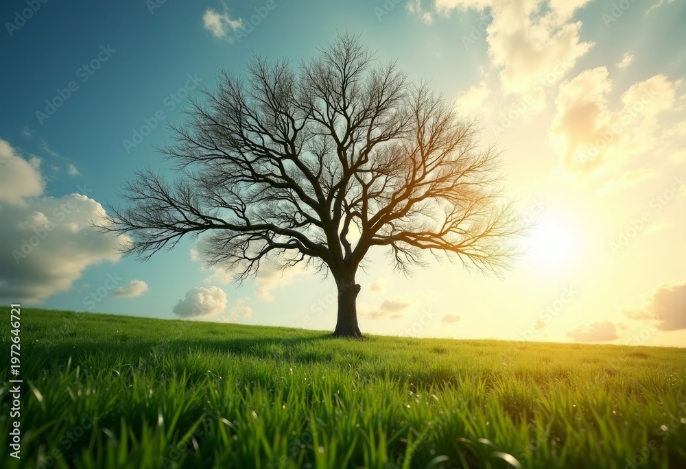 Fototapeta premium Leafless tree standing alone in a grassy field under a bright sky with clouds and sunlight illuminating the landscape during early morning or late afternoon
