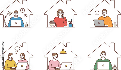 Remote work people at home line style illustration set with laptops communication freelance office lifestyle minimal vector design concept