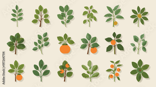 A minimalist illustration of a tree branch with lush green leaves against a soft beige backdrop. Ideal for themes of nature, growth, and wellness, per