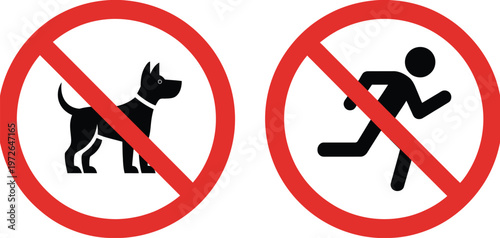 Prohibition, red sign icon set with no dogs and no running symbols, restriction rules, safety warning concept, clean vector illustration design.
