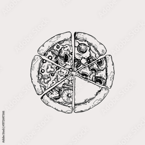 Hand drawn sketch of a whole sliced pizza with various toppings