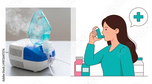 Collage featuring a blue nebulizer machine producing steam and an illustration of a woman using an asthma inhaler. Respiratory health, medical equipment, asthma treatment.