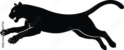 Dynamic black panther silhouette in mid-leap showing powerful athletic prowess and predatory movement on transparent studio background.