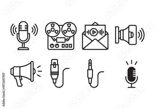 Collection of audio and sound-related icons, including microphones, reel-to-reel tape recorder, envelope with play button and sound waves, megaphone, audio jack connectors, and