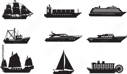 Collection of various types of ships and boats illustrated in silhouette