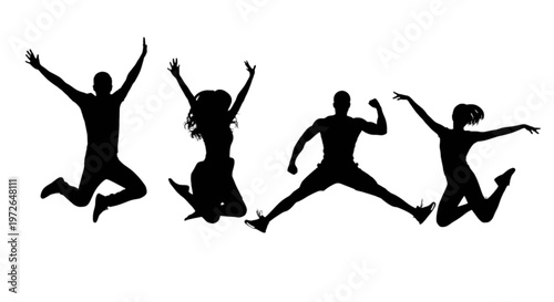 Four silhouettes joyfully jumping in unison against a plain background