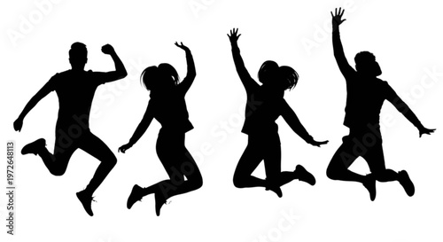Group of silhouetted people joyfully jumping and celebrating together
