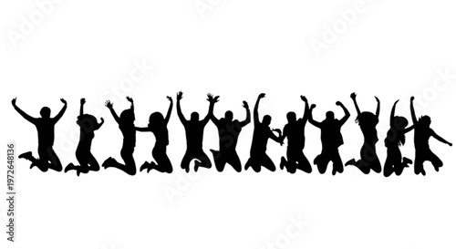 Group of people joyfully jumping and celebrating together in unison