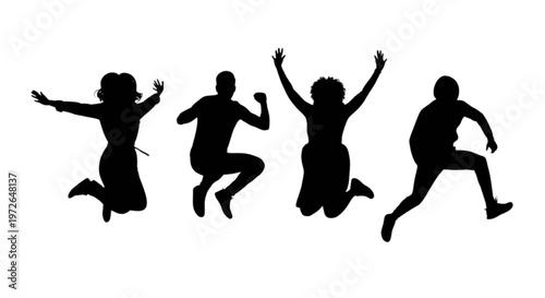 Four silhouettes joyfully jumping in mid-air with arms raised