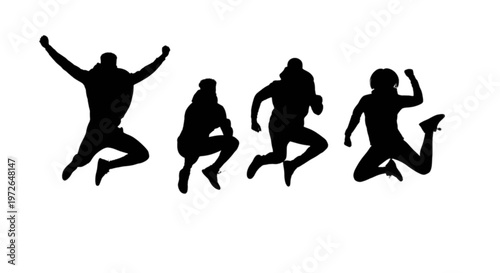 Four silhouettes of people in dynamic jumping and running poses