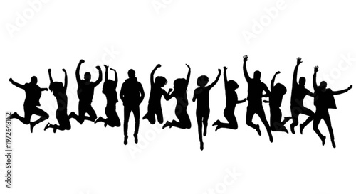 Group of people joyfully jumping with arms raised in celebration