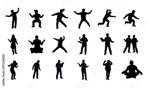Diverse silhouettes of people in various dynamic poses and interactions Vector silhouette