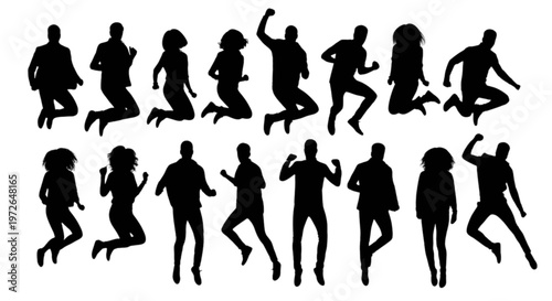 Dynamic silhouettes of people joyfully dancing in various energetic poses