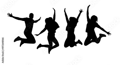 Obraz na płótnie Four people joyfully jumping in unison with arms raised