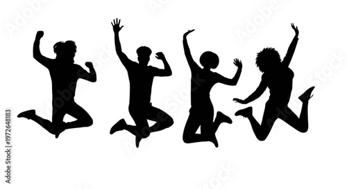Four silhouettes joyfully jumping with arms raised in mid-air