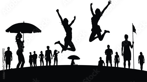  Black silhouette illustration of a diverse group of people enjoying summer vacation on the beach, jumping and having fun together.