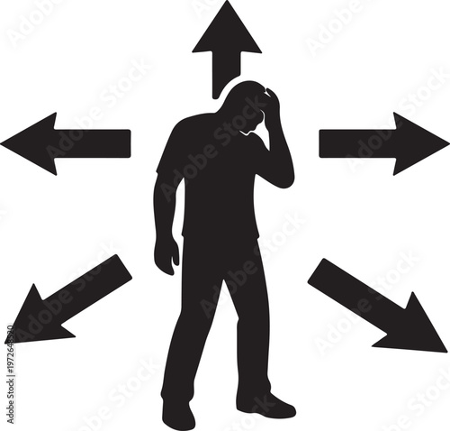 Black silhouette of person holding head while arrows point in multiple directions, decision stress and confusion concept, pressure, anxiety, choice overload, business dilemma isolated on white backgro