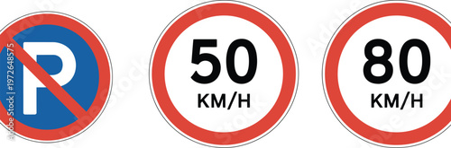 Road, traffic sign icon set with no parking and speed limit 50 and 80 symbols, regulation rules, safety driving concept, clean vector illustration.