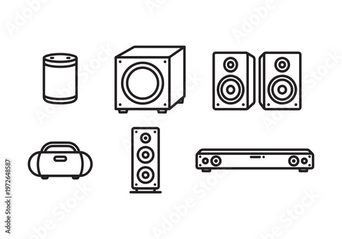 Collection of audio equipment icons, including a cylindrical smart speaker, a square subwoofer, a pair of bookshelf speakers, a portable boombox, a tall floor-standing speaker, and a sleek