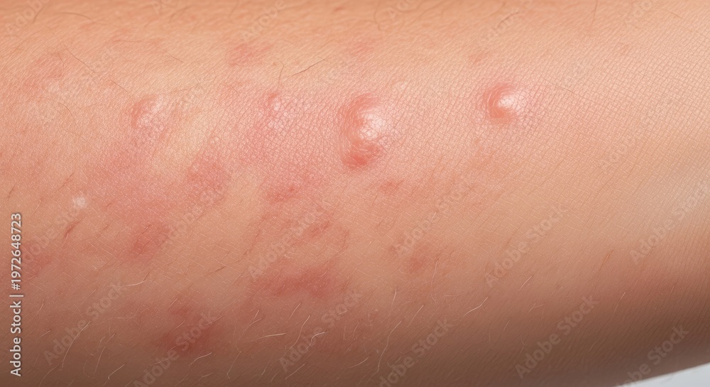 Fototapeta premium Close-up of an arm with a rash, showing red bumps and irritation on the skin, indicating an allergic reaction or insect bites