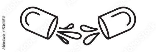 Opened capsule spilling drops liquid medicine or supplements fast acting effect.