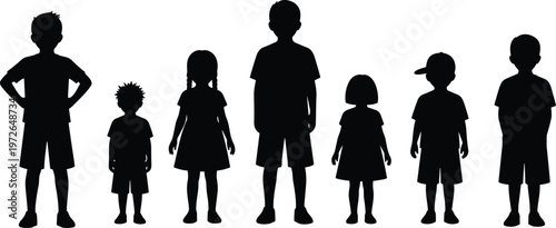  Children silhouettes collection, kids standing group, boys and girls figures, childhood concept, black isolated shapes, diverse ages, playful illustration