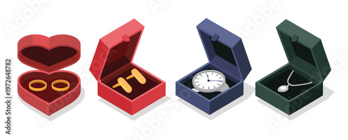 Jewelry and watch display boxes vector set, isometric illustrations featuring rings, necklaces, and watches arranged in elegant boxes, ideal for retail, ecommerce, and luxury product design projects.
