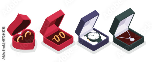 Isometric jewelry and watch collection, display boxes with assorted accessories in 3D perspective, perfect for store mockups, packaging visuals, and product catalogs.