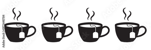 Four steaming cups of tea black mugs with tea bags comfort relaxation warm beverage.