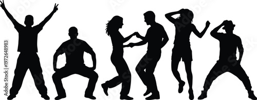  Dancing people silhouettes set, party dancers, energetic poses, club celebration concept, black figures, music movement, nightlife illustration, isolated design