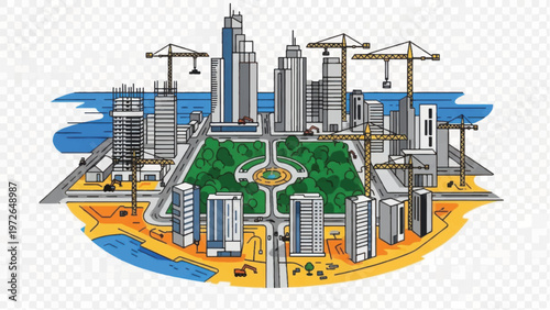 Hand Drawn City Skyline Construction Sketch. Urban Planning and Development Illustration with Cranes, Skyscrapers, and Central Park.
