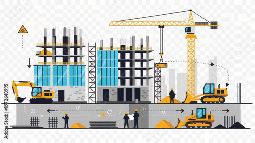 Urban Construction Site Illustration: Tower Crane, Workers, and Heavy Machinery Building Modern High-Rise Structures