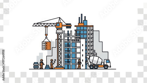 Urban Construction Site Illustration. Real Estate Development, Building Process, Crane Operation, and Engineering Workers.