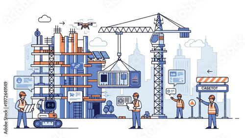 Smart Construction Technology. Modern City Building Process, Automation, BIM, Drone, and Engineers.