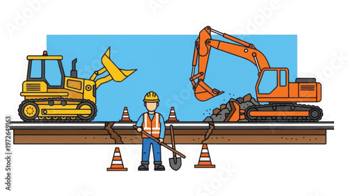 Utility Infrastructure Repair Illustration: Construction Worker, Excavator, and Bulldozer Fixing Broken Underground Pipe.