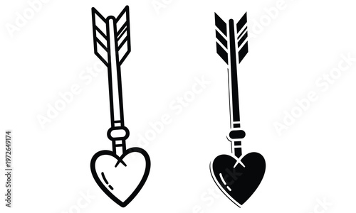 Two black silhouette arrows with heart shaped fletchings a symbol of love and precision