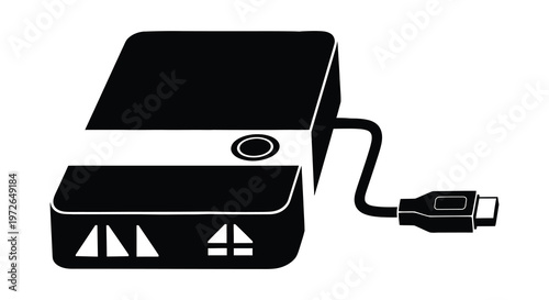 A stark black silhouette depicts a portable external hard drive with a usb connector silhouette high quality professional