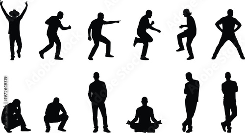 Human poses silhouettes set, standing sitting dancing figures, diverse postures collection, black people shapes, lifestyle illustration, isolated design, body language concept