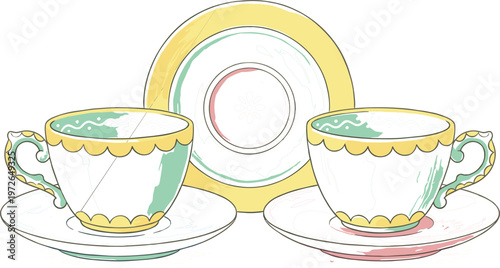 Elegant teacups with saucers and decorative plate vintage porcelain tea set pastel style vector illustration.eps
