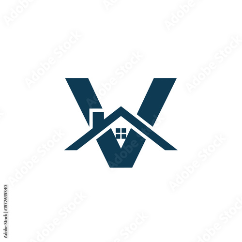 Minimalist v letter real estate logo design featuring house roof icon for agency identity.