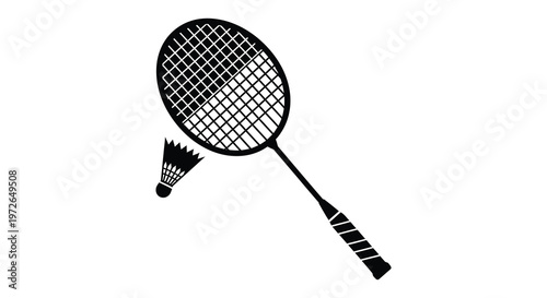 A minimalist depiction of a badminton racket and shuttlecock presented in a striking black silhouette high quality professional