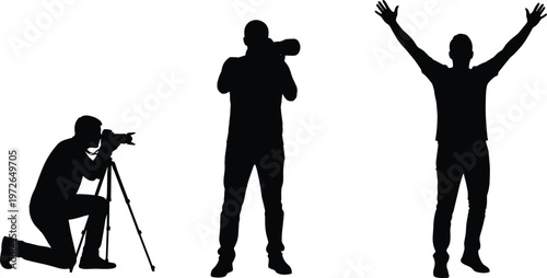 Photographer silhouettes set, camera operator poses, professional photography concept, videographer shooting, creative people illustration, studio lifestyle activity black vector design