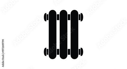 A stark black silhouette of a vintage radiator stands against a plain white background visually isolated silhouette
