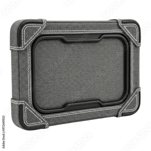 Gray fabric case with black trim and white stitching