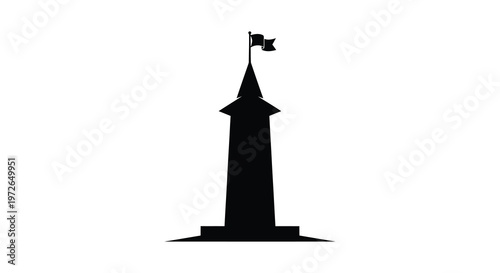 A stark black silhouette depicts a castle tower with two flags flying atop creating a dramatic silhouette