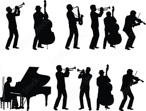 Silhouette jazz band musicians playing trumpet saxophone violin piano double bass, live music concert performance isolated on white background illustration